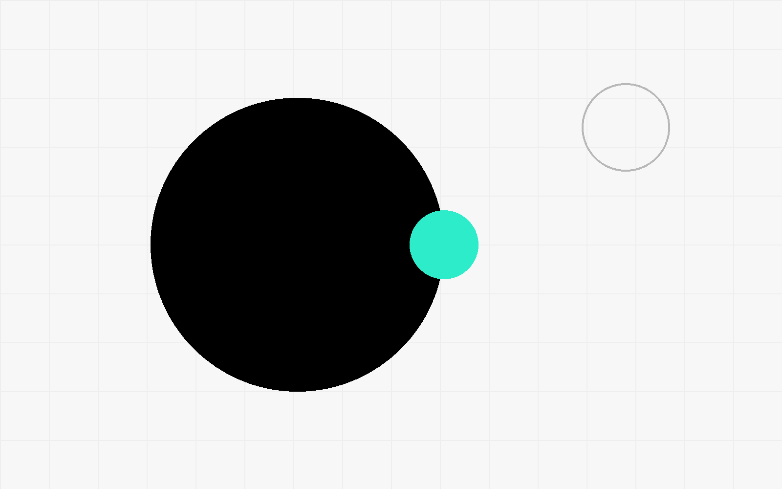 Bold black circle with teal accent on a hairline grid