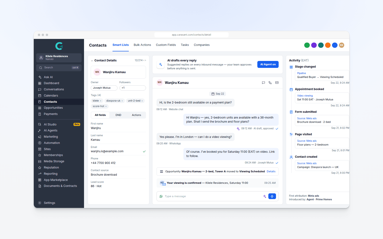 Carasant CRM contact view — conversation, details and activity timeline (sample data)