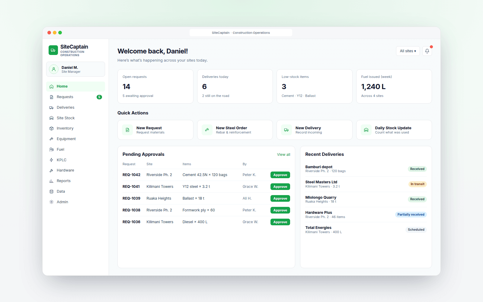 SiteCaptain site manager dashboard — requests, approvals and deliveries (sample data)